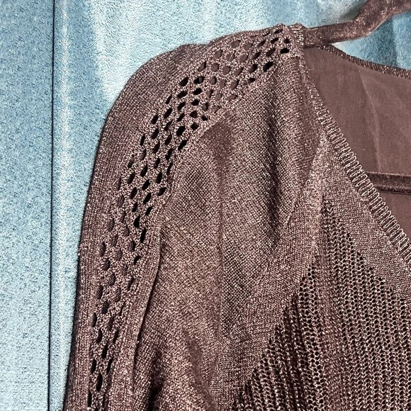 Lucky Brand Metallic Shimmer VNeck Knit Mixed Media Boho Chiffon Black Sweater M - Picture 4 of 8